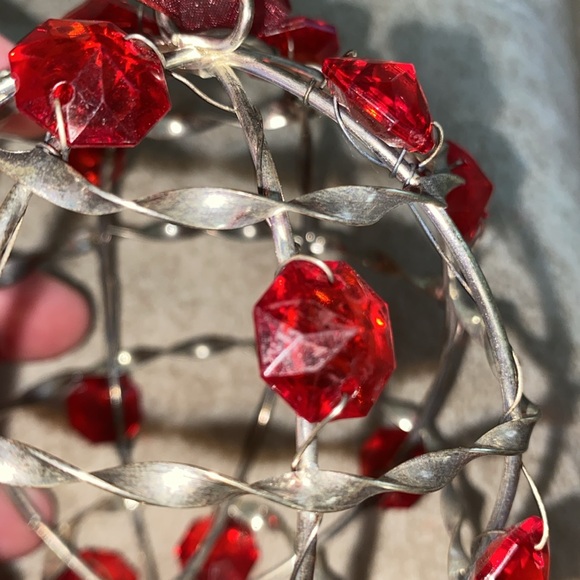 Handmade Twisted Silver Beaded Christmas Ornament w/Red Jewel Beads-3-3/4” Round - Picture 7 of 8